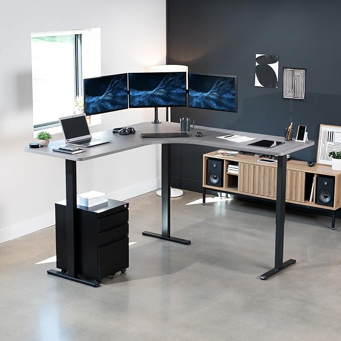 VIVO Electric Height Adjustable 71 x 71 inch Curved Corner Stand Up Desk Dark Gray Table Top Black Frame Memory Controller L-Shaped Workstation E3C Series DESK-KIT-E3CBG