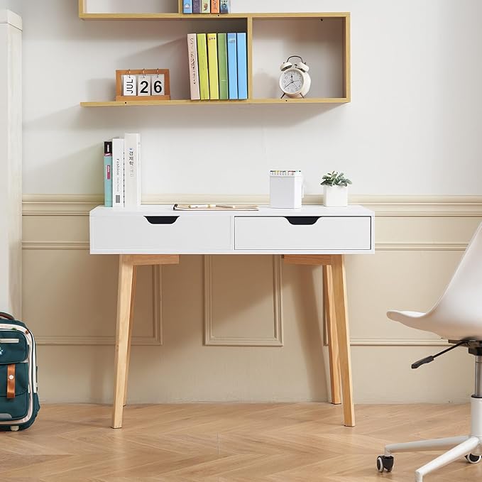 VEVOR Small Desk with Drawers Kids Desk for Bedroom Wooden Simple Study Table for Drawing Reading Writing Rectangle MDF Furniture Study Storage Table for Home Office White + Wood