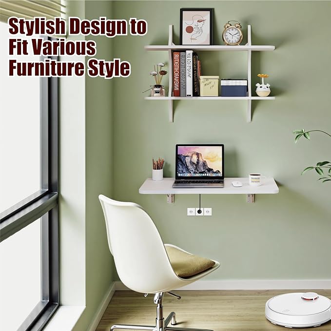 Pmnianhua Wall Mounted Folding Table 31'' Floating Laptop Desk with Shelves Foldable Drop Leaf Table Wall Mount Fold Down Table for Laundry Room Kitchen Bar Home Office Small Space(White)
