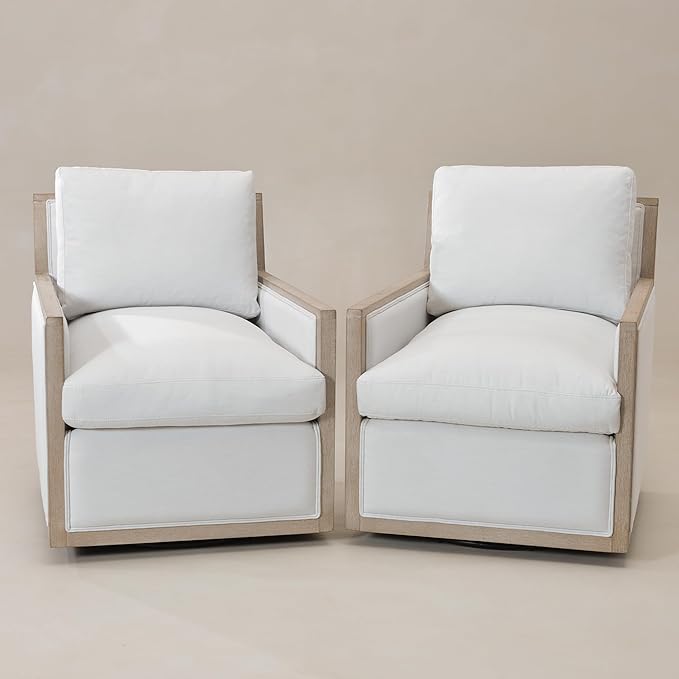 KINWELL 27 Wide Oak Wood Frame Performance Fabric Swivel Armchair Set of 2 No Assembly Down Fill Upholstered Swivel Barrel Chair with Removable Pillow Back for Living Room Bedroom (Ivory)