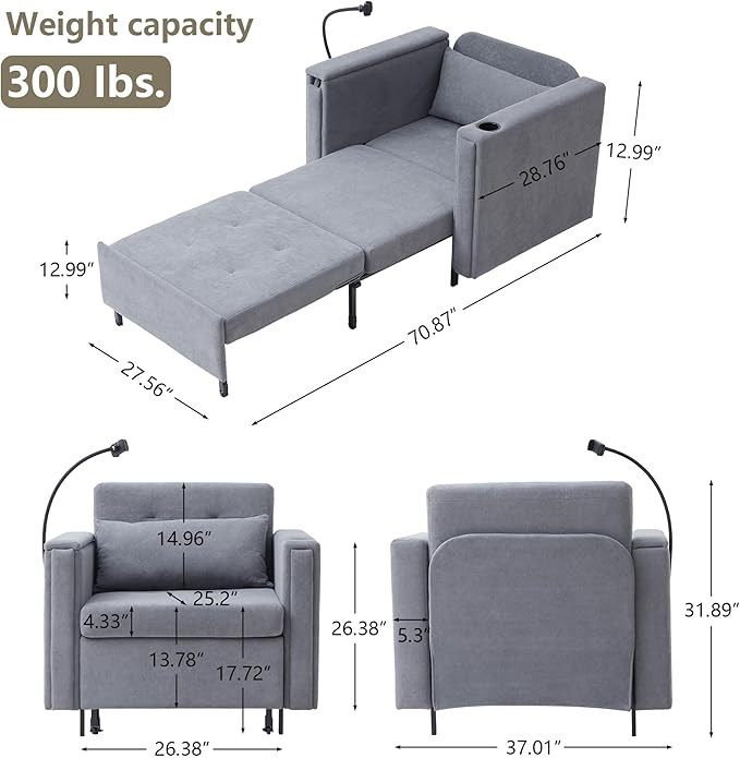 LEVNARY 3-in-1 Convertible Sleeper Chair Pull Out Bed Single Sofa Chair Sleeper for Adults with Hidden Side Table Modern Chenille Fabric Armchair for Bedroom Dorm Home Office (Gray)