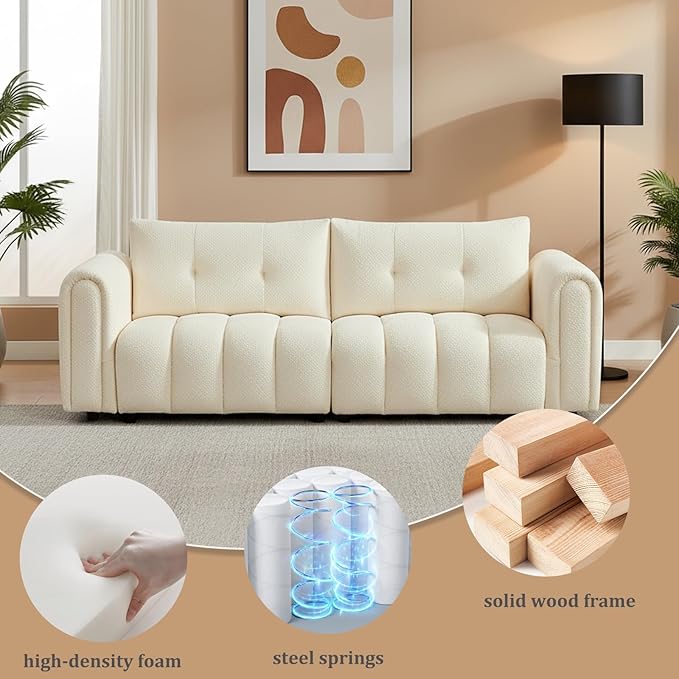 91.5 W Cloud Boucle Sofa for Living Room Modern Comfy Boucle Couch with Rolled Arms and Soft Pillows Teddy Oversized Loveseat for Apartment Studio Bedroom Cream White