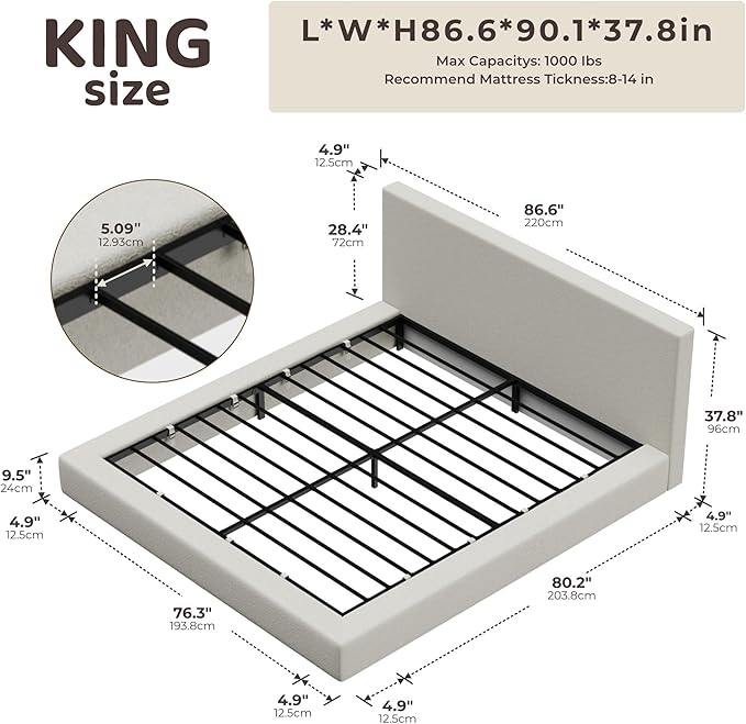 RECCI AirFrame King Size Bed Frame with Headboard Cloud Upholstered Platform Bed Frame 5 Inch Foam Cushioned No Box Spring Easy Assembly(Cream Boucle)