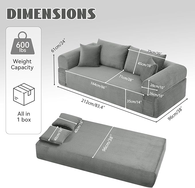 83 Sofa in a Box 3 Seater Couch No Assembly Boneless Sofa Bed with Cushion Back 2 Pillows Deep Seat Corduroy Fabric Side Storage Pockets for Living Room Bedroom Apartment Office Light Grey