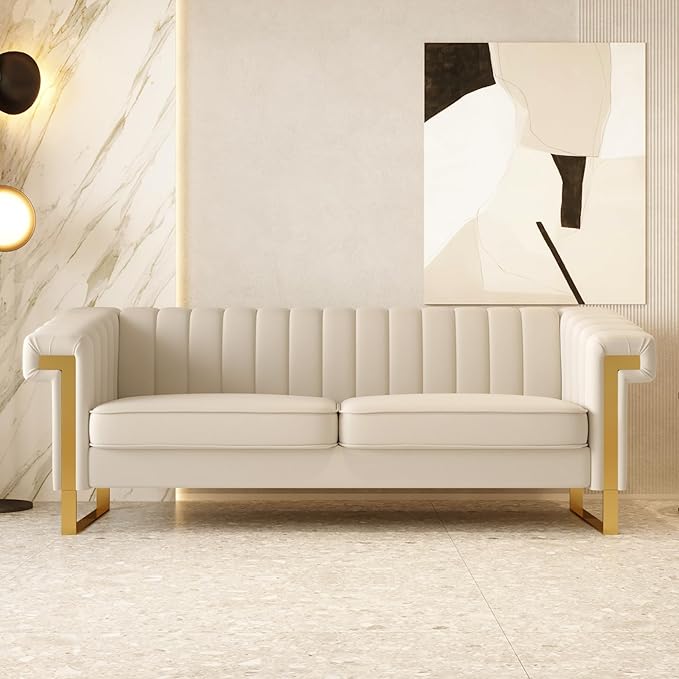 Mid-Century Modern Beige Velvet Sofa with Gold Metal Legs 83.86 Luxury Chesterfield Comfy Cream Couches for Living Room (Velvet Beige)