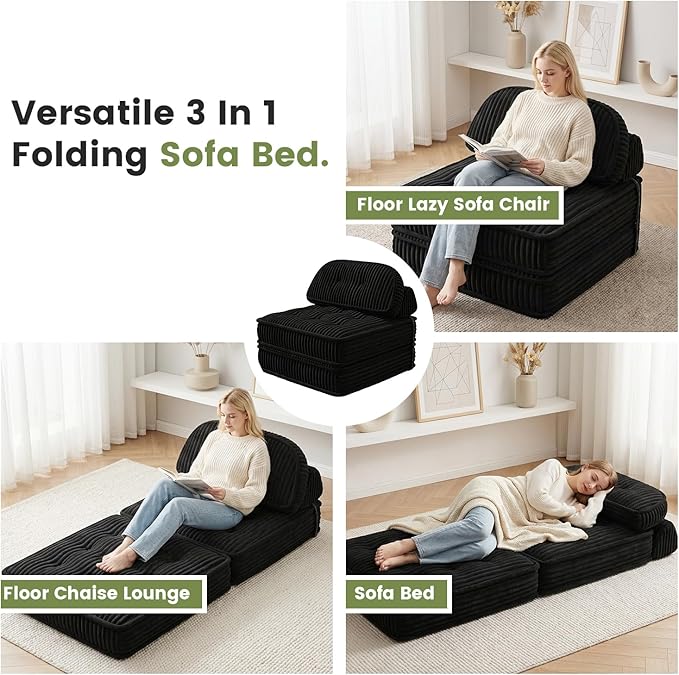 Foldable Sofa Bed in A BoxPortbale Compressed Chair BedCorduroy Convertible Twin Sleeper ChairFull Foam Fold Out Chaise Lounge for Living RoomBedroomApartment (Black)