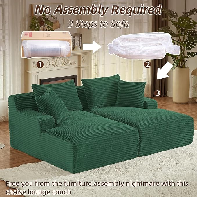 Oversized Double Chaise Lounge Chair IndoorWide Corduroy Boneless Chaise Lounges Sofa Comfy Upholstered Sectional Cloud Couch No Assembly Required Loveseat Sleeper Chair Bed for Living Room(Green)