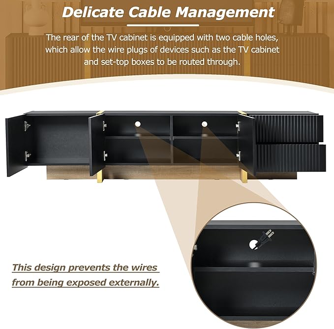 Merax Luxury Fluted TV Stand for Televisions Up to 80'' Modern Entertainment Center with Storage Cabinets &amp Drawers and Golden Wood Grain Legs Smooth Media Console for Living Room Black