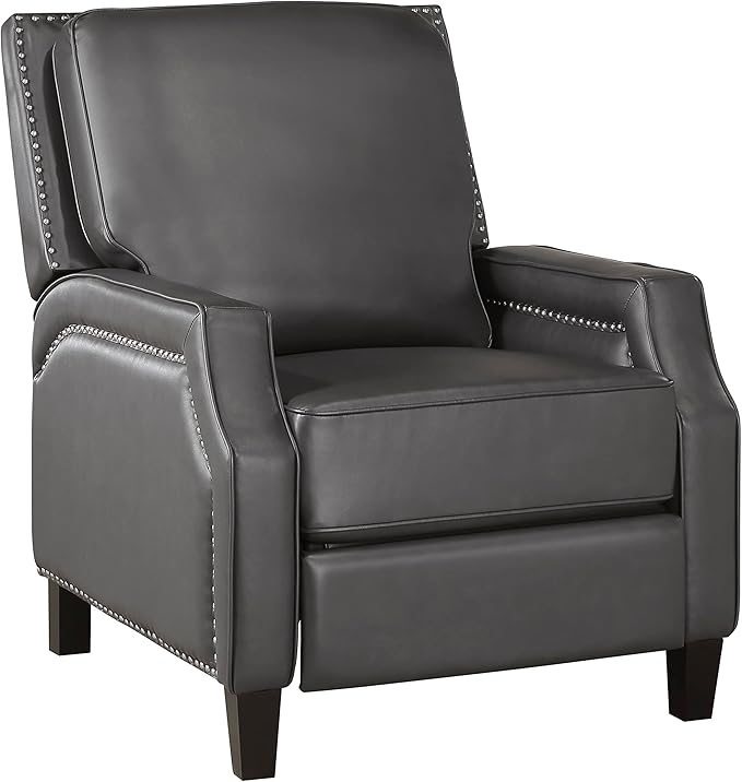Lexicon Pushback Recliner Chair Faux Leather Armchair Push Back Recliner Nailhead Trim Solid Wood Legs Easy Assembly for Living Room/Office/Apartment Dark Gray