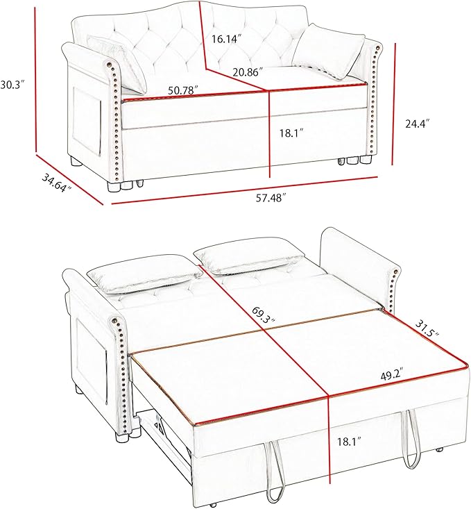 57'' Convertible Sleeper Sofa Bed with Adjustable Backrest Chaise Lounge 2 Pillows &amp Side Storage Pockets – Stylish &amp Functional Furniture for Living Room or Small Spaces (Black Sofa Bed)
