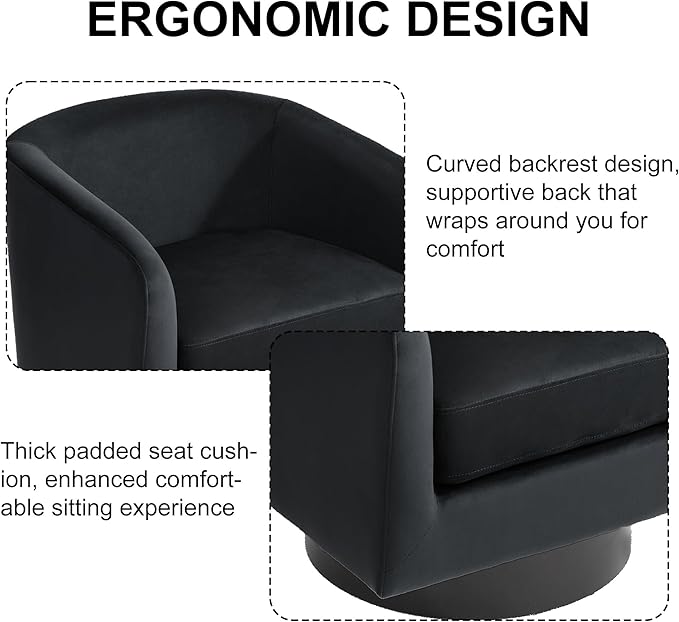 Swivel Barrel Accent Chair Modern Round Chenille Fabric Arm Chair for Living Room Bedroom Comfy Club Reading Chairs for Adults（Velvet Black Set of 2