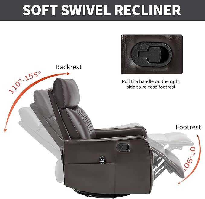 360°Rotating Heated Massage Chair with 8 Vibrating nodesComfortable Rocking Chaise Lounge with Black Metal Base Single Sofa for Living RoomBedroomOfficeDeep Brown Faux Leather