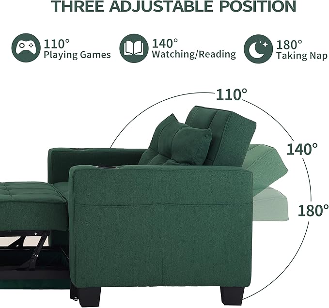 DURASPACE Futon Sofa Bed 3 in 1 Convertible Sofa Chair Bed Adjustable Backrest Chair Chaise Lounge with USB Ports Cup Holder Side Pocket Storage Box (Green)