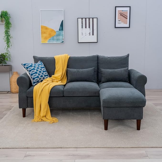 Panana 3 Seater Sofa with Footstool Set Rolled Arm Classic Couch Solid Wood Legs Settee for Small Living Room Office Lounge (Gray 3 Seater with Ottoman)