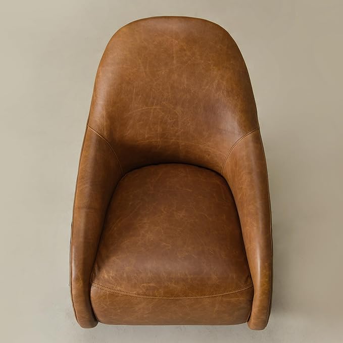 Two-Tone Leather Swivel Barrel Chair Accent Chair with Solid Wood Frame No Assembly for Living Room or Office (Brown)