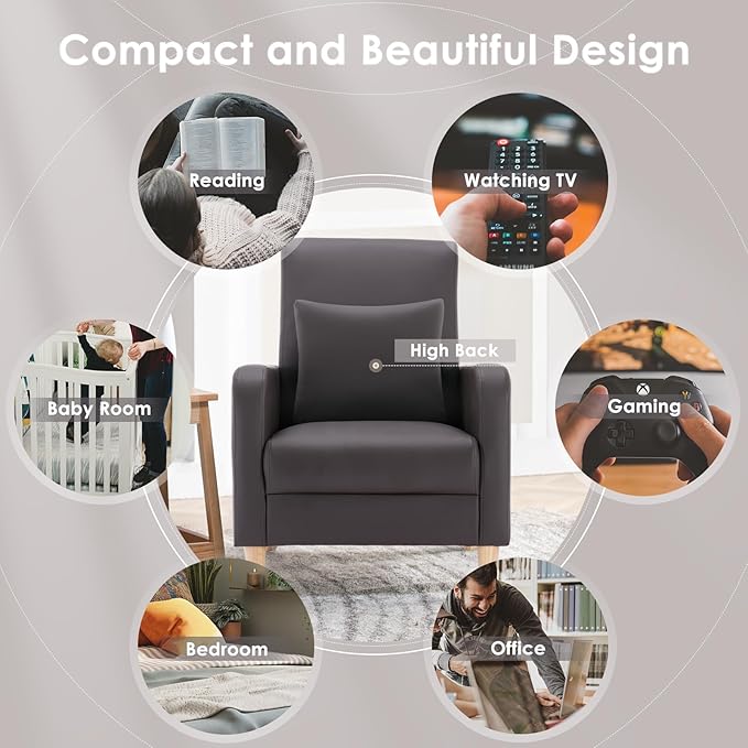 COLAMY Modern Upholstered Accent Chair Armchair with Pillow PU Leather Reading Living Room Side ChairSingle Sofa with Wood Legs Brown