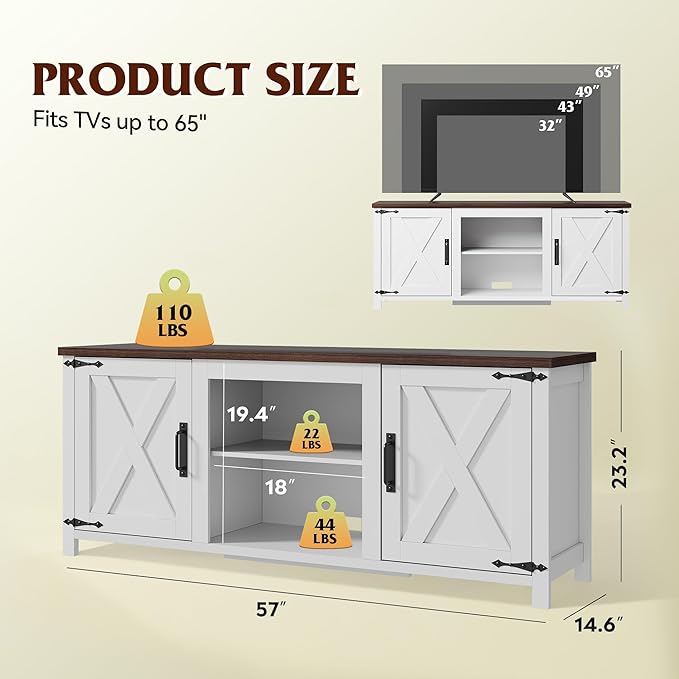 WLIVE Modern Farmhouse TV Stand for TVs up to 65 Entertainment Center with X-Shaped Barn Doors Large Storage Media TV Console with Adjustable Shelves &amp Cable Holes for Living Room White
