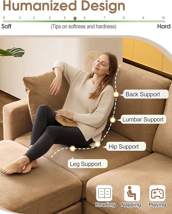 Karl home 99.6 Sectional Sofa U-Shaped Chenille Upholstered Couch with 2 Movable Ottomans 3-Seater Cloud Couches Comfy Deep Seat Sofa for Living Room Apartment Office Khaki