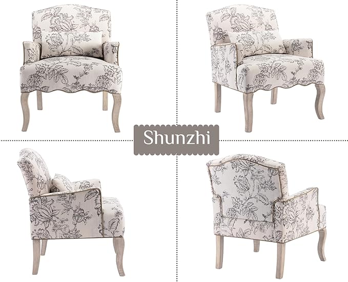 Floral Accent Chairs Set of 2 Farmhouse Upholstered Armchair Linen Reading Chair Mid Century Modern Single Sofa Chair with Pillow for Bedroom/Living Room/Fireplace Beige