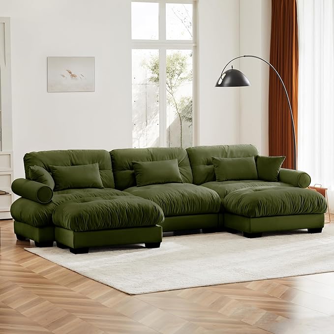 Oversized Modular Velvet Sectional Cloud Sofa Couch with Movable OttomanCorner Sofa with Comfortable Armrests Deep Seat Convertible L or U Shaped Couch (Olive Green 3 Seat+ 2 Ottomans)