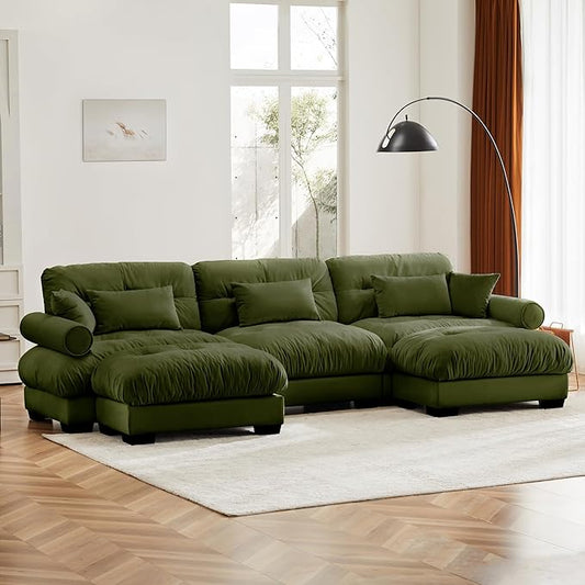 Oversized Modular Velvet Sectional Cloud Sofa Couch with Movable OttomanCorner Sofa with Comfortable Armrests Deep Seat Convertible L or U Shaped Couch (Olive Green 3 Seat+ 2 Ottomans)