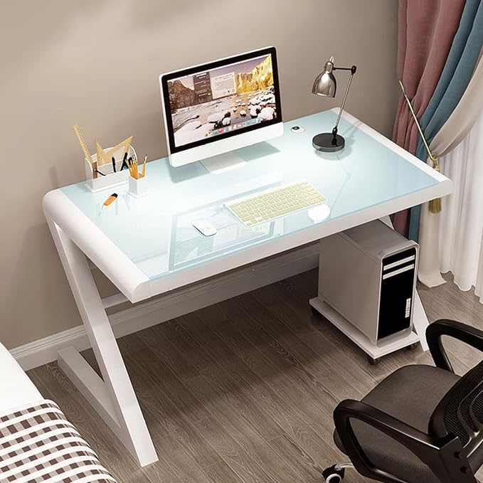 Tempered Glass Computer Desk Modern Design Student Writing Desk Study Desk Home Office Desk Gaming Desk Personal Workstation with Z-Shaped Metal Frame(39 Inch White)