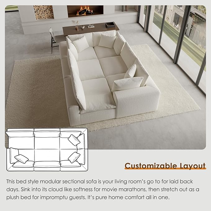 130 Oversized Boneless Cloud Couch Modular Sectional Couches for Living Room U-Shaped with Deep Seats No Assembly Required 6-Seater Washable Fabric Sleeper Sofa White