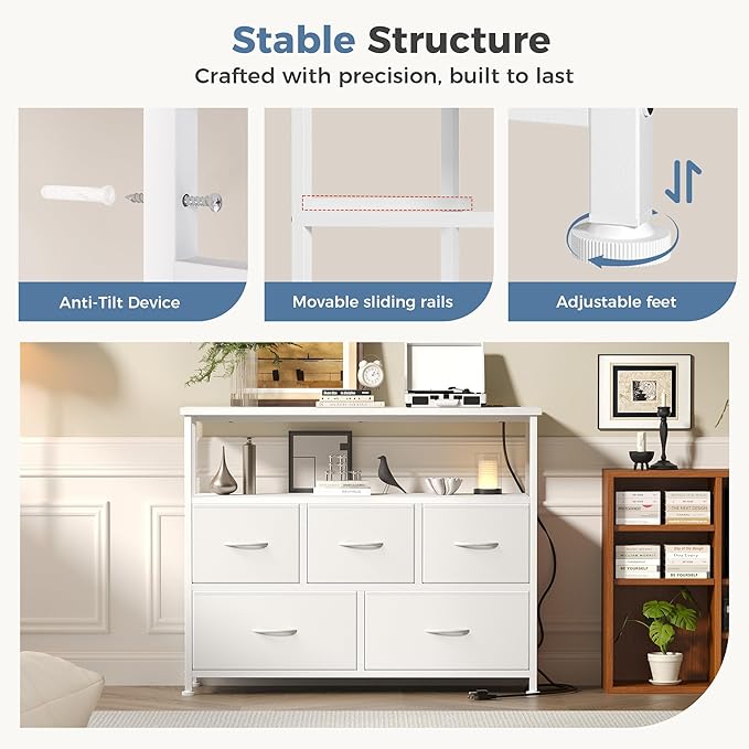 DUMOS TV Stand Dresser with 5 Fabric Storage Drawers Media Console Featuring Open Shelf Fabric Storage Cabinet with Charging Station Compact Entertainment Unit for Bedroom Living Room White