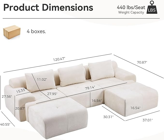 Oversized U-Shaped Sectional Sofa Cream Sectional Couch120.5 Modular Couch with 2 Ottomans Boneless Cloud Couch with Chenille Upholstery and Deep Seats No Assembly Required Beige