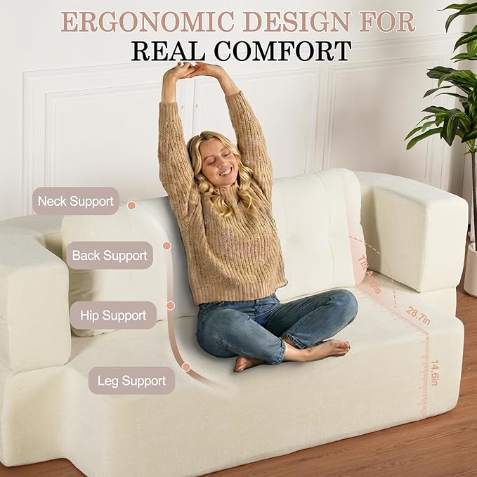 Folding Sofa Bed 78.7 Extra-Long Convertible Sofa Bed with 2 Pillows &amp Blanket 14.6 Thick High-Density Foam Boneless Couch for Bedroom Living Room Apartment Beige