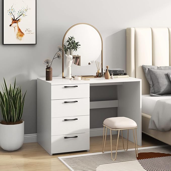 COSTWAY White Computer Desk with 4 Large Drawers Home Office PC Desk Workstation for Writing Modern Computer Table for Bedroom Study Living Room