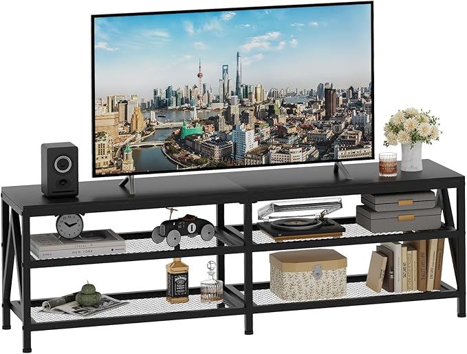 TV Stand for TVs up to 70 Inch 63 Long Industrial TV Console Table with 3-Tier Storage Shelves Entertainment Center for Living Room Bedroom (Black)