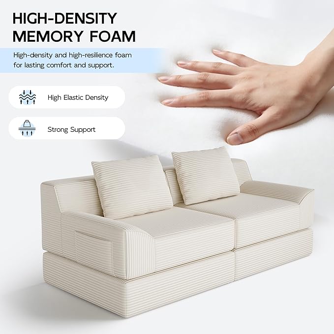 79 Convertible Sofa Bed Upholstered Boneless Couch Loveseat Sleeper with Pull Out Bed Corduroy Futon Couch Floor Folding Sofa Modular Futon Couch for Living Room Bedroom Lounge Beige
