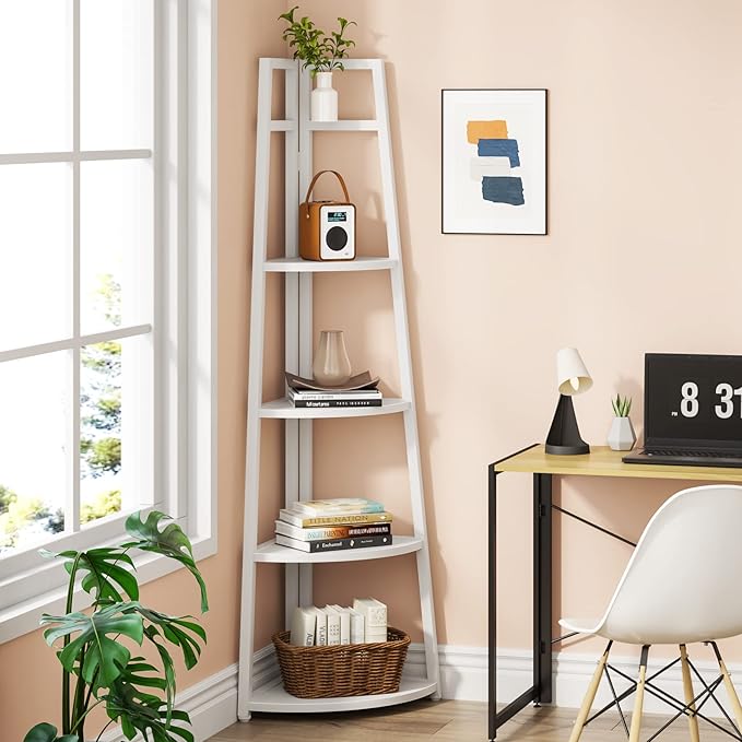 LITTLE TREE 5 Tier Tall Corner Shelf 70 Inch Corner Bookshelf Bookcase for Small Space