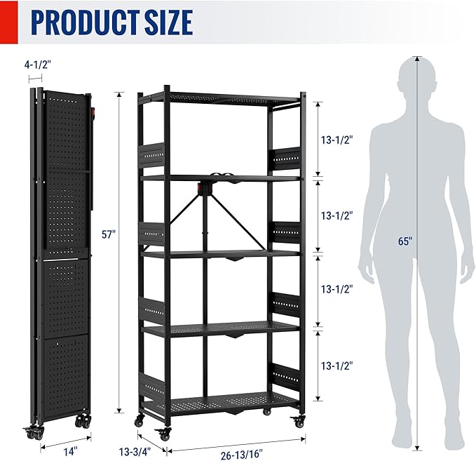 WORKPRO 5-Tier Folding Shelf No-Assembly Metal Storage Rack with Wheels 750 lbs Capacity (with Leveling Feet) Collapsible Shelving Unit for Kitchen Pantry Bathroom &amp Closet Organization
