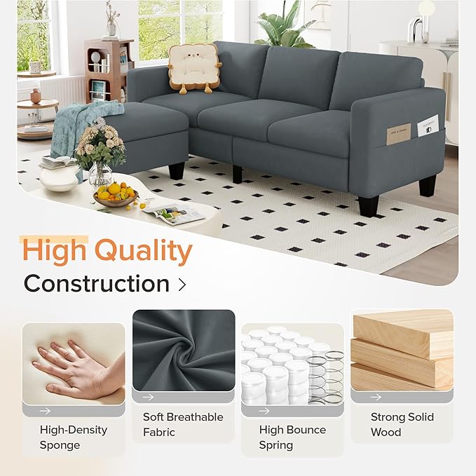 Sectional Sofa Couches for Living Room - 78''Convertible Modular Three-Seater L-Shaped Pet-Friendly CouchWashable Sofa Cover-Bench Storage Suitable for Small Living Room ApartmentOffice-Blue-Gray