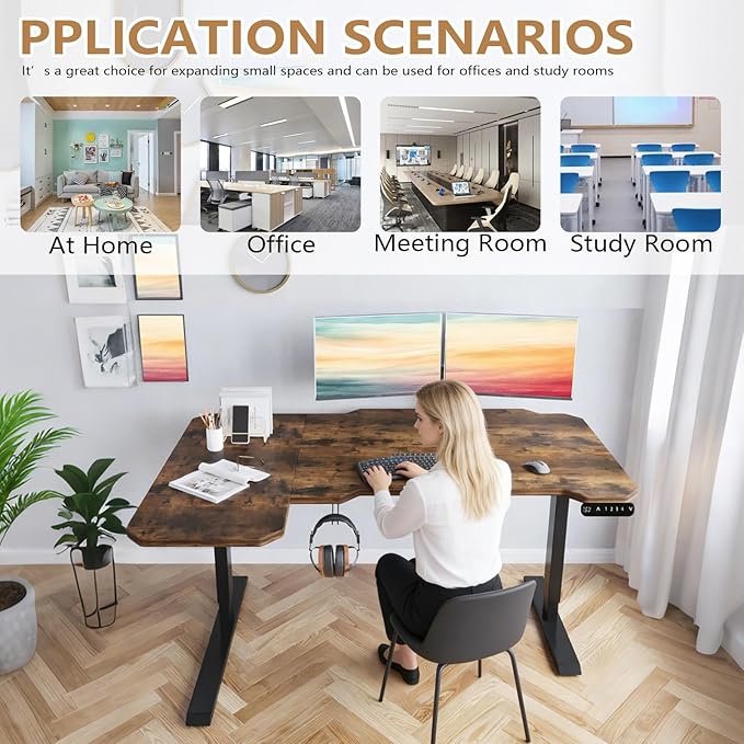 59 L-Shaped Standing Desk Height Adjustable Electric Corner Desk with Wheels Ergonomic Rising Computer Table for Home Office (Rustic Brown)