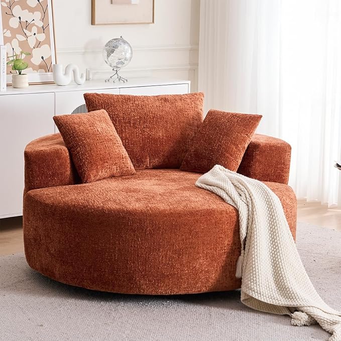 55 Oversized Swivel Accent Chair Round Barrel Chair with 360° Rotation Chenille Upholstered Deep Seat Lounge Sofa Modern Comfy Single Sofa for Living Room Bedroom Office (Orange)