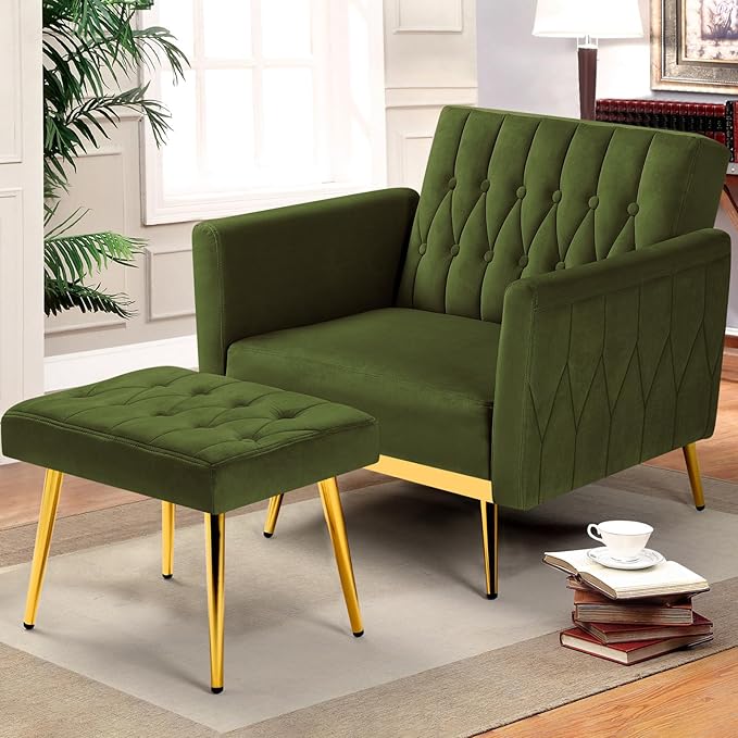 Velvet Accent Chair w/Adjustable Armrests and Backrest Button Tufted Lounge Chair Single Recliner Armchair with Ottoman and a Pillow for Living Room BedroomOlive Green