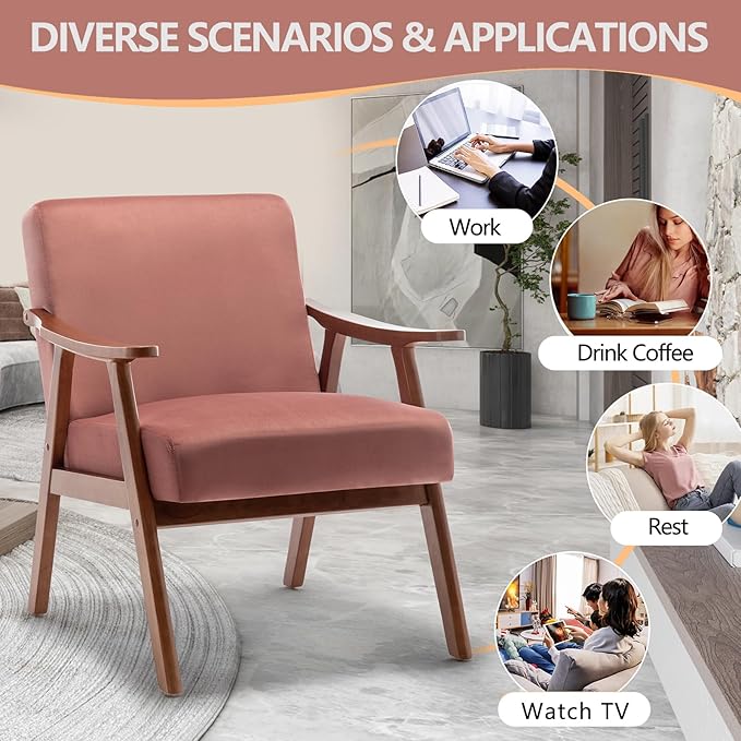 Fefances Mid-Century Modern Accent Chair - Solid Wood Frame Ultra-Thick Backrest Wingback Design Perfect for Bedroom &amp Indoor Lounge AreaPink