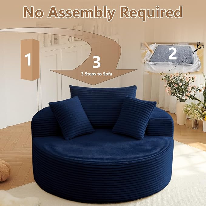 Oversized Round Chair Lounge Chaise Indoor Upholstered Corduroy Deep Seat Cloud Large Circle Sofa Chair No Assembly Required Fluffy Modern Sleeper Sofa Bed for Reading Living Room Dark Blue