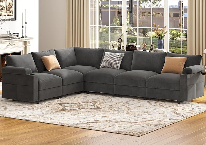 Sectional Couches for Living Room FSC Certified Velvet Modular Couch Oversized Cloud U Shaped Convertible Sleeper Sofa Chaise Detachable Armrest Cushion (Velvet Grey L Shape Corner 6 Seat)