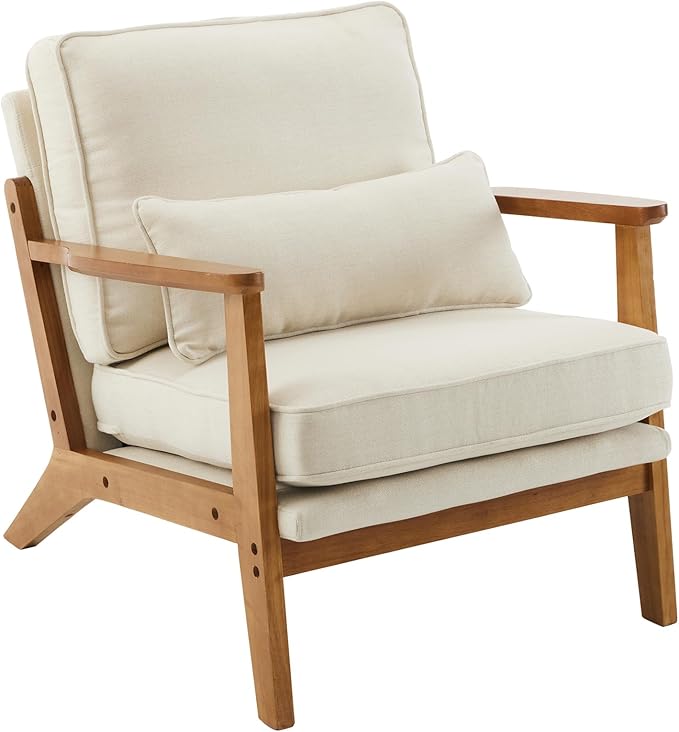 Mid Century Modern Accent Chair with Wood Frame Upholstered Living Room Chairs with Waist Cushion Reading Armchair for Bedroom Sunroom (Beige)