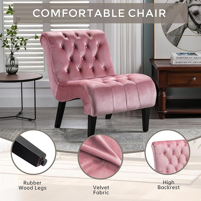Armless Accent Velvet Chair Modern Single Sofa Chair Nailhead Side Sofa for Small Space Apartment Bedroom Living Room Pink.