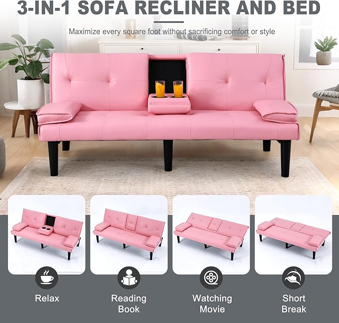 Futon Sofa Bed PU Leather Modern Convertible Futon Couch with Removable Armrests Cup Holders Loveseat Sleeper Sofa Bed for Living Room Apartment Small Spaces (Pink)