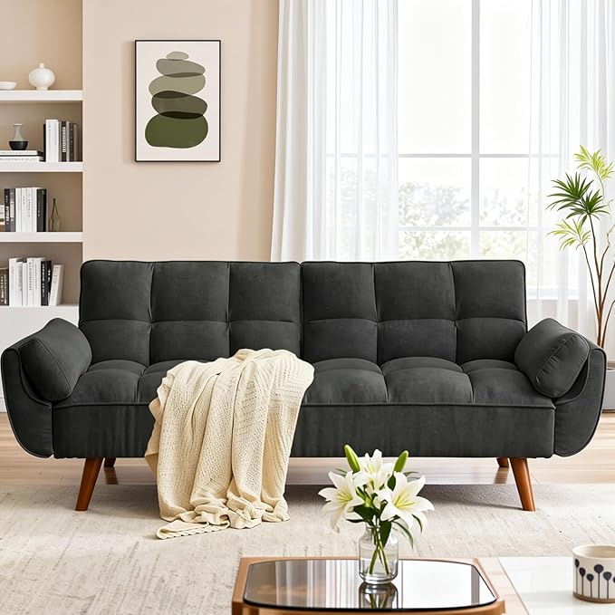 Convertible Futon Sofa Bed Modern Futon Couch with 2 Pillows Small Futons Couch with Adjustable Armrest &amp Backrest Loveseat Sofa Bed for Living Room Bedroom Black