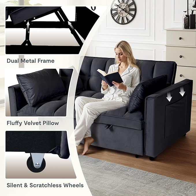 FLEXISPOT XCT4 Pull Out Couch 3-in-1 Sleeper Sofa Bed with Adjustable Backrest Loveseat Sleeper with Pillows &amp Side Pockets Convertible Futon Couch for Small Spaces Guest Room Apartment Black