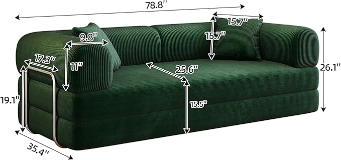 79 Convertible Floor Sofa Bed Modern King Sleeper Folding Mattress Couch with Pillows Corduroy Boneless Sectional Sofa Couch for Living Room Game Room Green