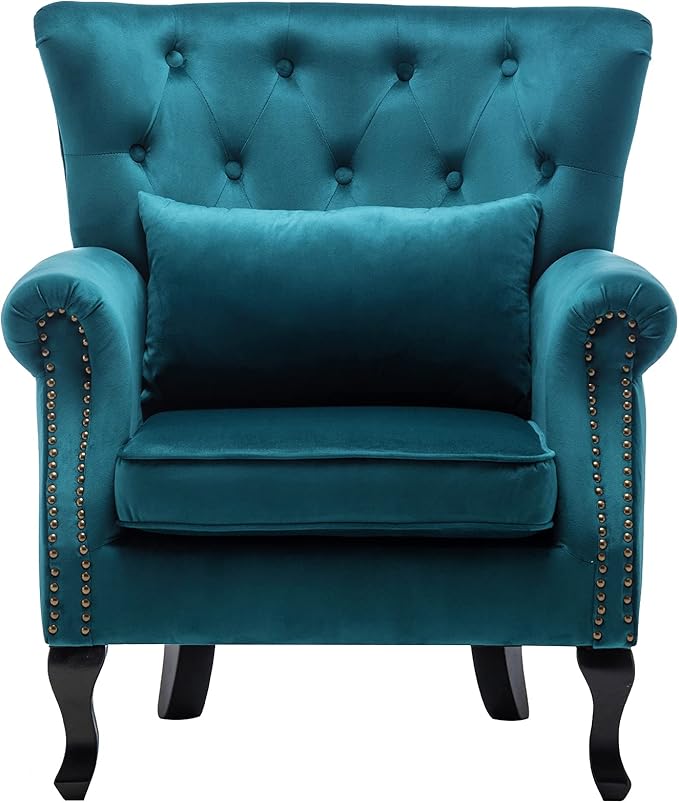 Mid Century Accent Chair Modern Button Tufted Armchair Wingback Club Chair Velvet Single Sofa Lounge Chair with Pillow for Living Room Bedroom Teal Blue