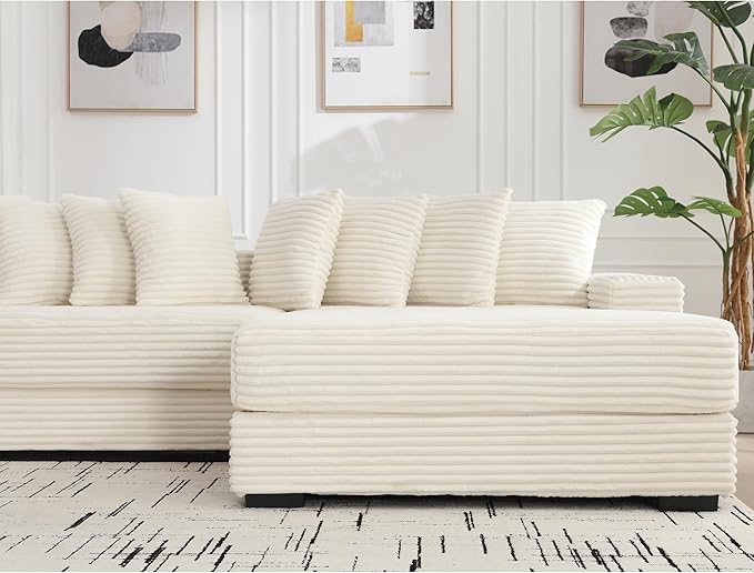 KEIKI 111 L-Shaped Oversized Corduroy Modular Sectional Sofa with Right Chaise Lounge and 8 Throw Pillows 3-Seater Corner Couch with Padded Armrests Easy Assembly for Living Room Beige